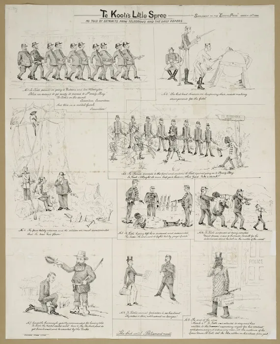 Allan, Joseph Stuart, 1861-1930 :Te Kooti's little spree, as told by extracts from telegrams and the daily papers. Evening Press litho. [Wellington, Wakefield and Roydhouse] 1889