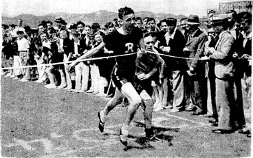 Image: Evening Post" Photo This is the period when the colleges are holding their annual sports meetings. Yesterday Rongotai College held their gathering, and today is the turn of Wellington College. Above, finish of the 880 yds junior championship at Rongotai College, icon by I. Colquhoun. Right, long jumping at Wellington College this morning. (Evening Post, 08 November 1938)