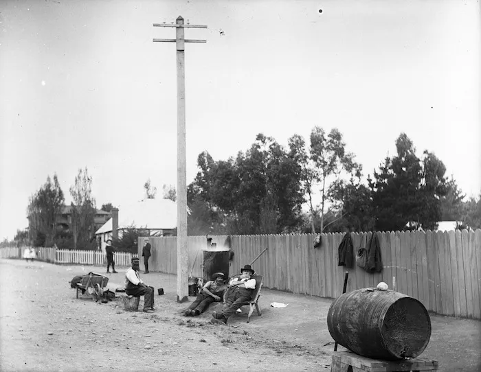 Road construction workers taking a break from their work, Wanganui