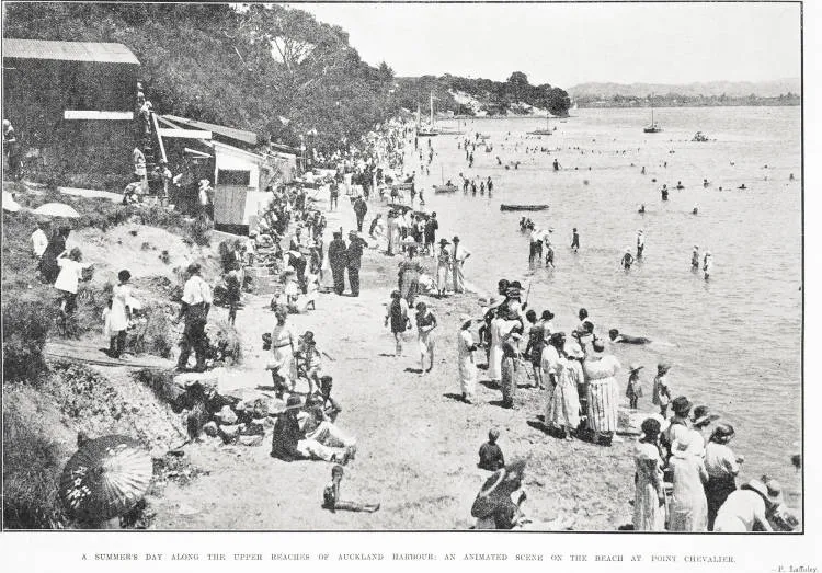 A Summer's Day Along The Upper Reaches of Auckland Harbour: An Animated Scene on the Beach At Point Chevalier