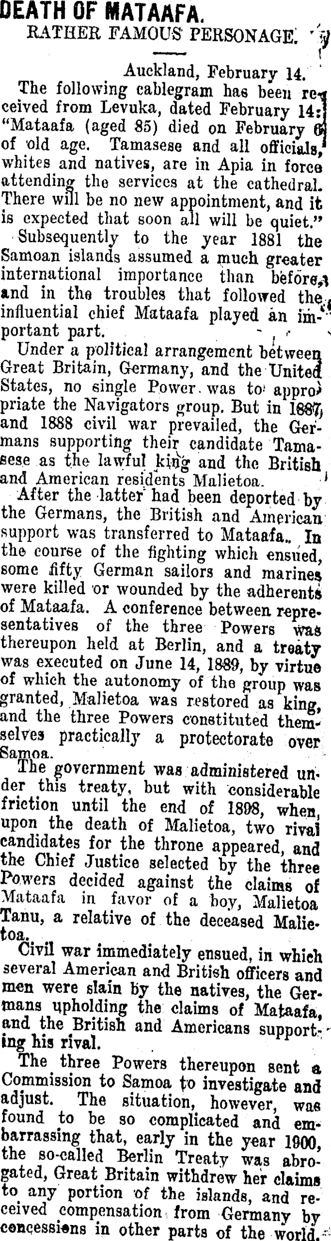 DEATH OF MATAAFA. (Taranaki Daily News 16-2-1912)
