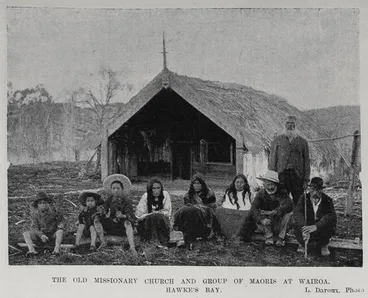 Image: The old Missionary Church and group of Maoris at Wairoa, Hawke's Bay