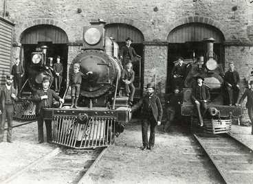 Image: Steam locomotives and railway workers outside a Christchurch engine shed - Photographer unidentified