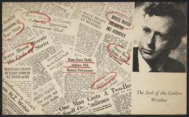 Image: Designer unknown: "The end of the golden weather"; Bruce Mason presents his cycle of stories; Bruce Mason holds audience spellbound ... [1960]