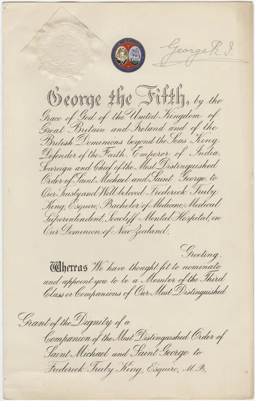 Warrant for Truby King’s Knighthood