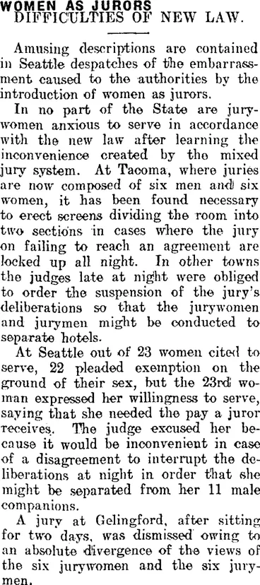 Image: WOMEN AS JURORS. (Mataura Ensign 28-10-1911)