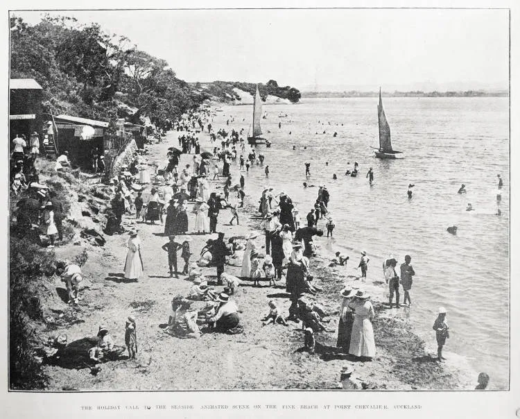 The holiday call to the seaside: animated scene on the fine beach at Point Chevalier, Auckland