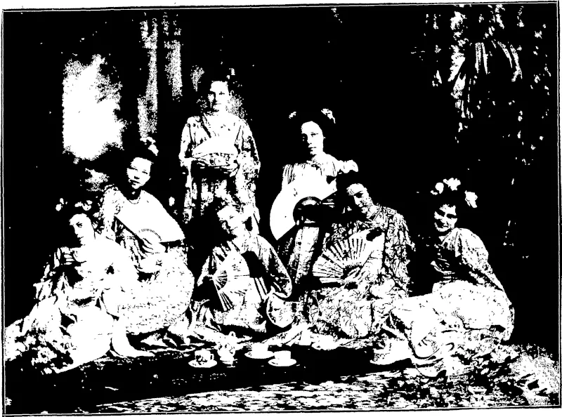 SOME OF THE JAPANESE DANCERS AT THE RECENT BAZAAR IN ST. MARK'S SCHOOLROOM, WELLINGTON  —Hardie^Shaw, Photo. (New Zealand Free Lance, 01 November 1902)