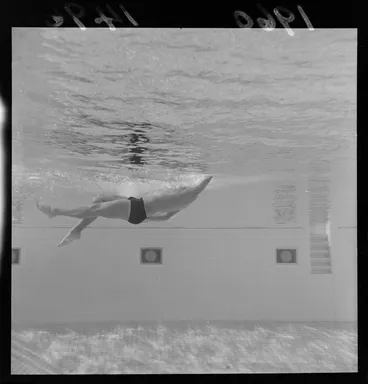 Image: Peter Hatch, demonstrates swimming techniques at Naenae baths, Naenae, Lower Hutt, Wellington