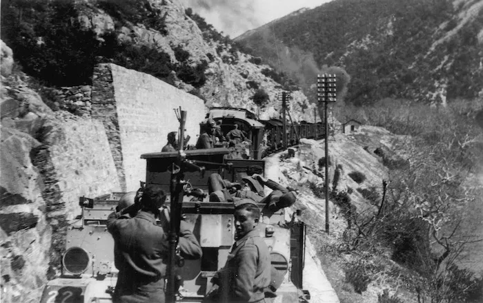 New Zealand troops travelling by train in Greece