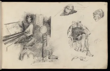 Image: Hodgkins, Frances Mary 1869-1947 :[Woman playing piano. Girl reading book. Sketches of heads and arms. 1887]