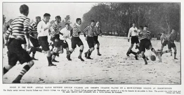 Image: Rugby in the snow: annual match between Lincoln College and Christ's College played on a snow-covered ground at Christchurch