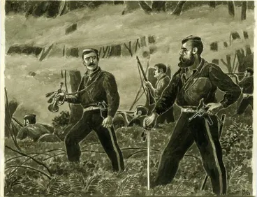 "Captain Roberts orders the bugler to sound the Halt and the Officers Call. A critical Moment in the fight at " Te Ngutu-O-te-Manu" Image: "Captain Roberts orders the bugler to sound the Halt and the Officers Call. A critical Moment in the fight at " Te Ngutu-O-te-Manu"