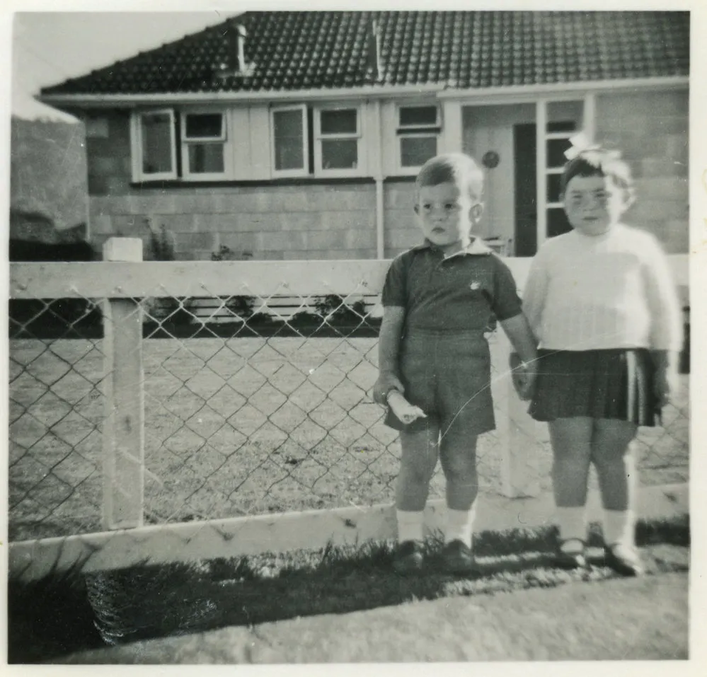 Harris family; John and Pip Harris (Beryl and Arthur Harris’s twins) at home in Sandford St, Upper Hutt, c. 1965