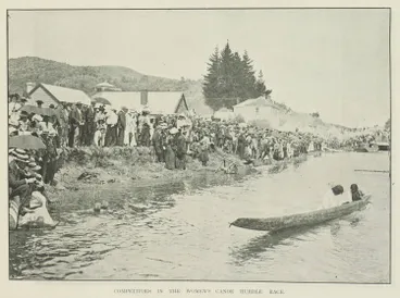 Image: Competitors in the women's canoe hurdle race