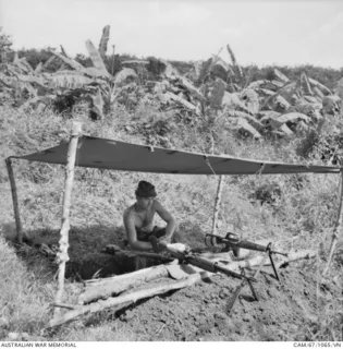 Vietnam. 1967-11. Private Bill Stephen of Campsie, NSW, on guard duty under a lean-to at the perimeter of the headquarters of 2RAR /NZ (ANZAC) (The ANZAC Battalion comprising 2nd Battalion, The ..