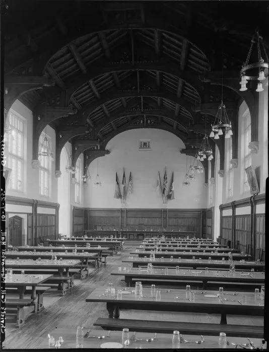 Interior of Memorial Hall, Christ's College, Christchurch, with dining tables