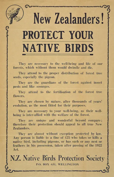 N.Z. Native Birds Protection Society :New Zealanders! Protect your native birds. [1923?]