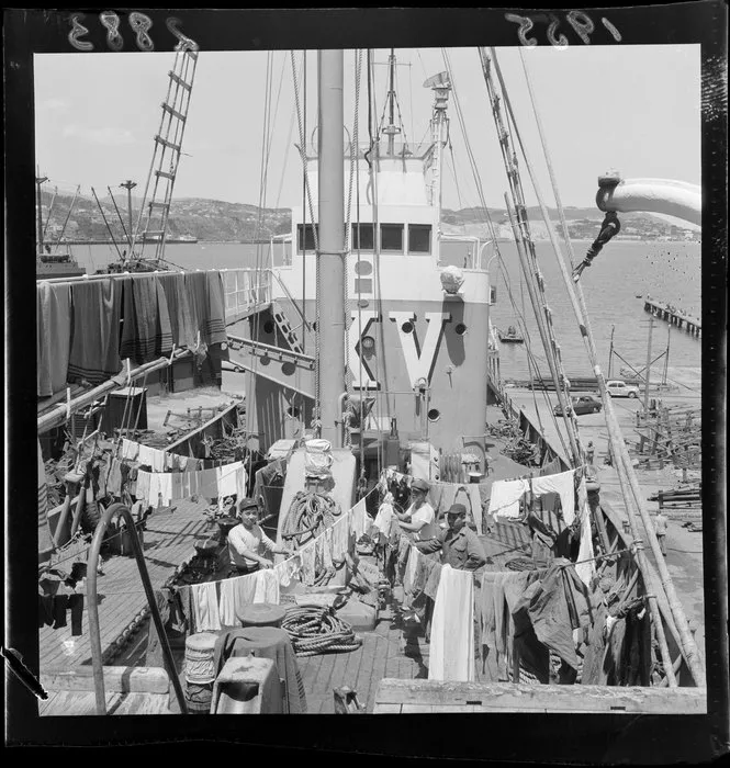 Crew hanging out their washing on board the Japanese whale chaser ship XV