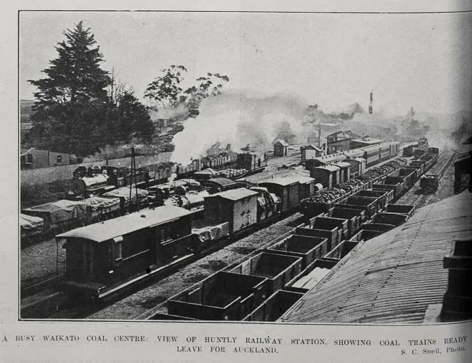 A BUSY WAIKATO COAL CENTRE: VIEW OF HUNTLY RAILWAY STATION, SHOWING COAL TRAINS READY TO LEAVE FOR AUCKLAND