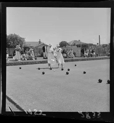 Image: Two unidentified women discussing a set in a game of lawn bowls in a Women's Bowling Championship, Miramar, Wellington