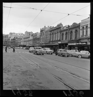 Image: Street view of Lambton Quay, Wellington, including building of Gresham Hotel, Norman Gee gift shop and Copp and Williams Ltd