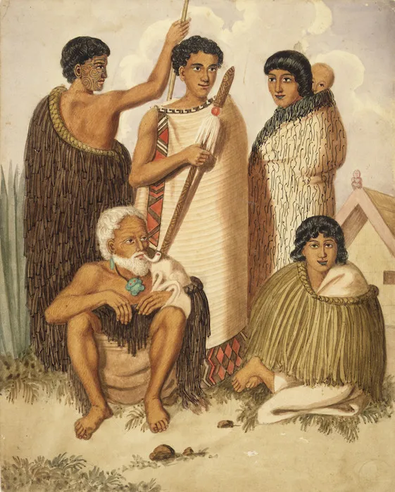 [Merrett, Joseph Jenner] 1815-1854 : Kawiti and his grandson with a group of Māori