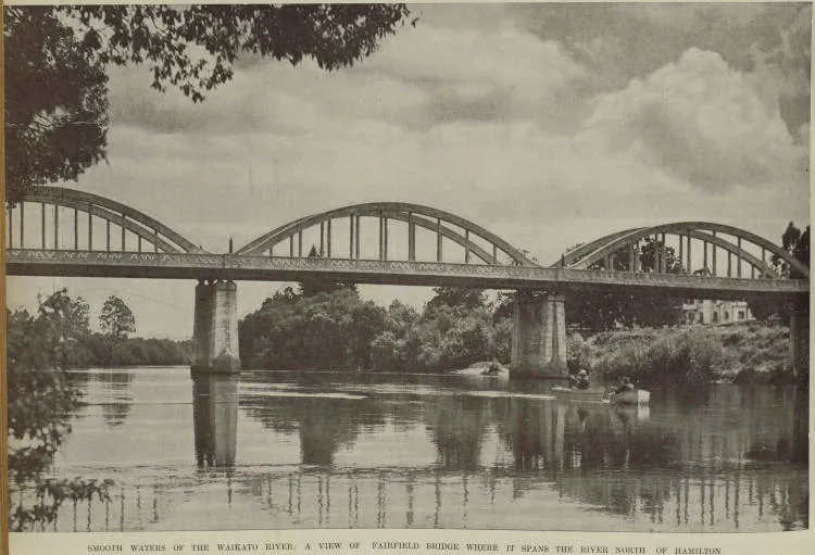 Smooth waters of the Waikato River: a view of Fairfield Bridge where it spans the river north of Hamilton