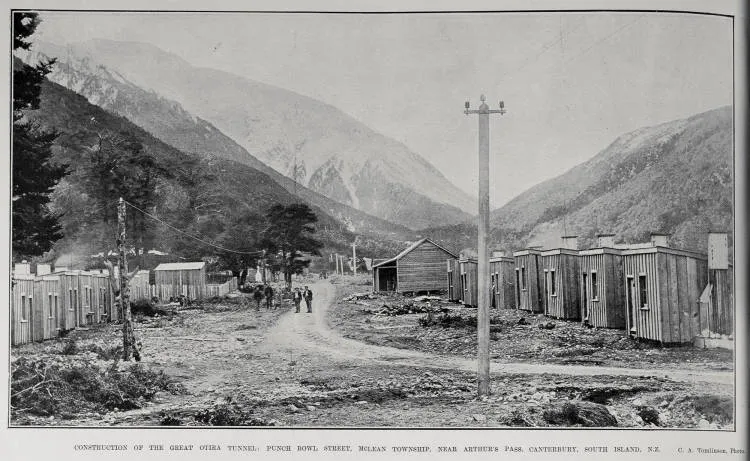 CONSTRUCTION OF THE GREAT OTIRA TUNNEL: PUNCH BOWL STREET, MCLEAN TOWNSHIP, NEAR ARTHUR'S PASS, CANTERBURY, SOUTH ISLAND, N.Z.