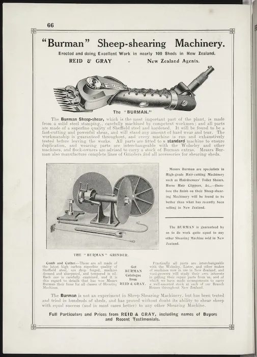 Reid & Gray Ltd :"Burman" sheep-shearing machinery, erected and doing excellent work in nearly 100 sheds in New Zealand. [1913]