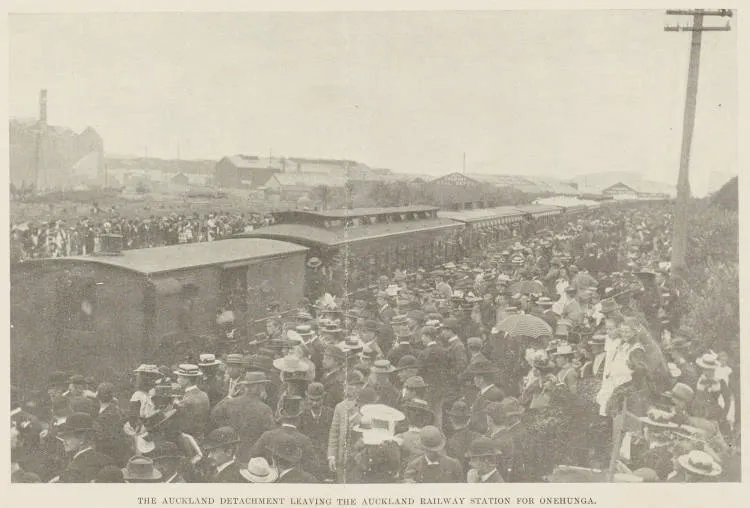 The Auckland detachment leaving the Auckland Railway Station for Onehunga