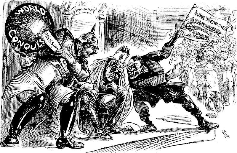 February 2, 1918.] BETWEEN THE DEVIL AND THE DEEP BLUE SEA. This vivid cartoon depicts a point in history where the spectre of defeat is not only before the Kaiser, but Avhen his own people are seriously chafing over their war wounds, the Kaiser's influence, hitherto allpowerful, declines, and, as is ultimately seen, he is dethroned, and regarded as a criminal even by his own subjects. (Observer, 20 September 1919)