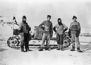 Image: Lieutenant Evans, Bernard Day, W Lashly and F J Hooper with a motorised sled, Antarctica