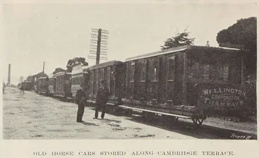 Image: Old horse cars stored along Cambridge Terrace
