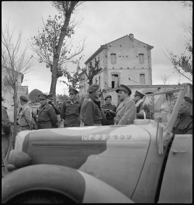 General Bernard Freyberg and General Sir Alan Brooke converse during British senior officers' visit to NZ Division, Italy, World War II - Photograph taken by George Kaye