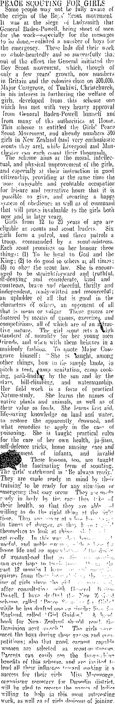 Image: PEACE SCOUTING FOR GIRLS. (Otago Daily Times 18-10-1909)