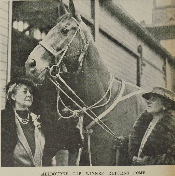 Mrs. Florence Barnes and Mrs Hedwick McDonald with Catalogue, winner of the Melbourne Cup, after the return to Wellington