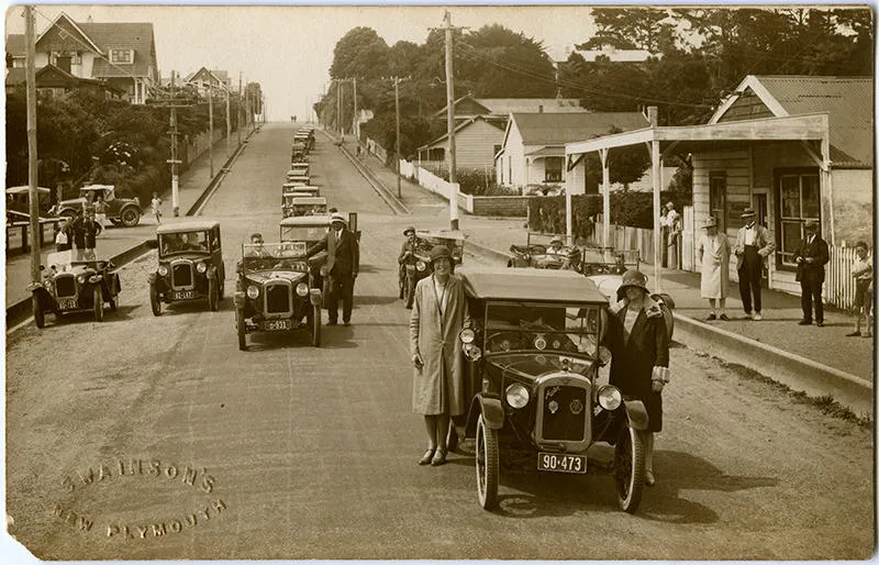 Gladys de Havilland and followers on Gover Street, New Plymouth