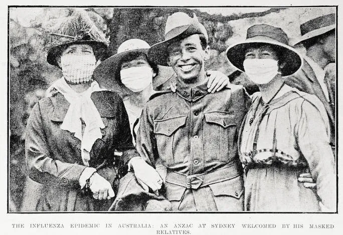 The influenza epidemic in Australia: an Anzac at Sydney welcomed by his masked relatives