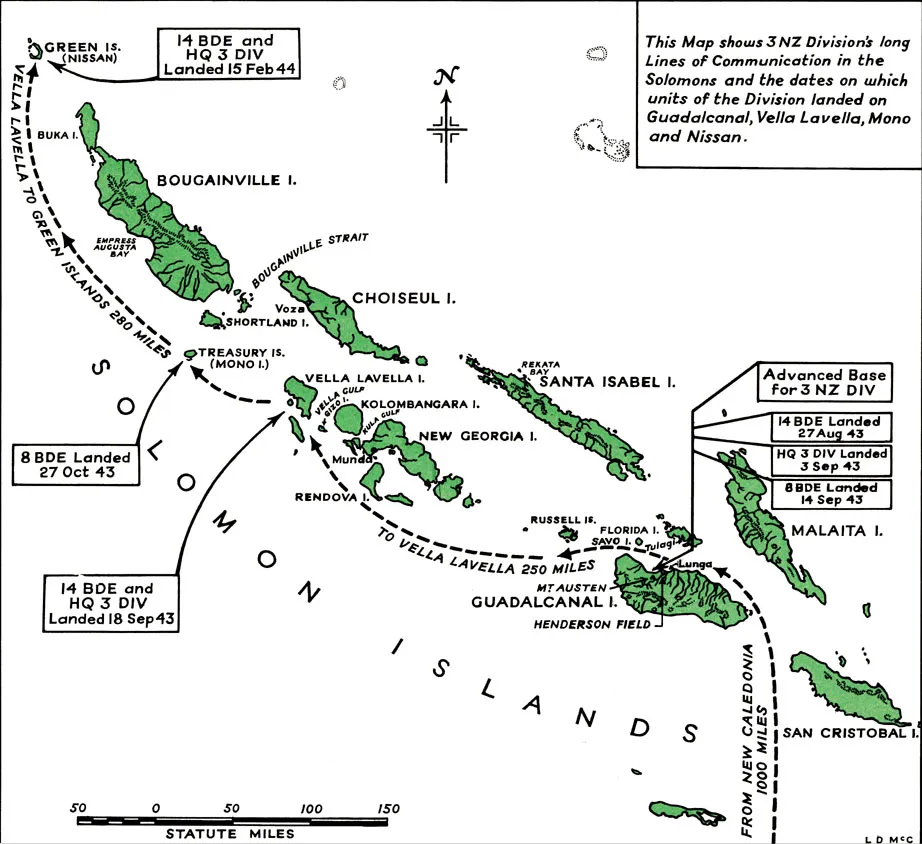 This Map shows 3 NZ Division's long lines of communication in the Solomons and the dates on which units of the Division landed on Guadalcanal, Vella Lavella, Mono and Nissan