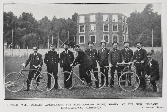 BICYCLE, WITH TRAILER ATTACHMENT, FOR FIRE BRIGADE WORK, SHOWN AT THE NEW ZEALAND INTERNATIONAL EXHIBITION