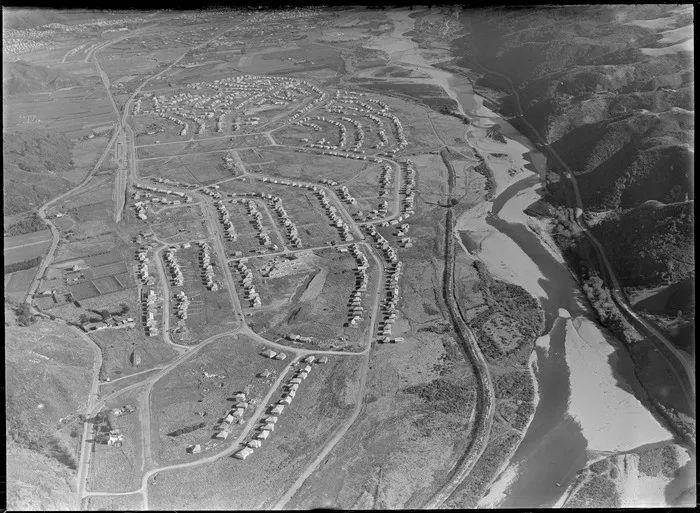 View south over the new suburb of Taita under construction beside the Hutt River, Lower Hutt City, Wellington Region