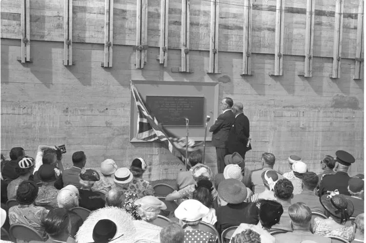 Unveiling the foundation stone for the Auckland Harbour Bridge, Westhaven, 1956