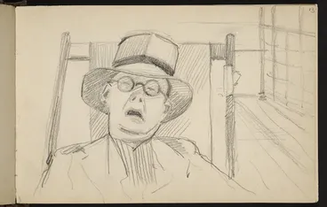 Image: Hill Mabel, 1872-1956 :[Sleeping man in deck chair. 1927?].