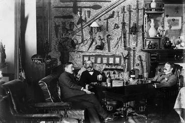 Image: Robert Thorburn Turnbull, E F Hadfield and Alexander Horsburgh Turnbull, at the Turnbull home fronting on to The Terrace and Bowen Street, Wellington