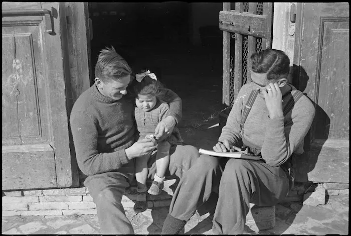 New Zealanders fraternizing with Italian villagers where they are billetted, World War II - Photograph taken by George Kaye