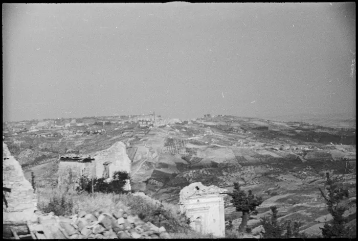 Telephoto shot from former German observation post in Orsogna, showing brickworks and Castelfrentano, Italy, World War II - Photograph taken by George Kaye