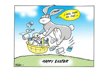 Image: The Easter Bunny holding a basket of toilet rolls, flour, and hand sanitiser during COVID-19