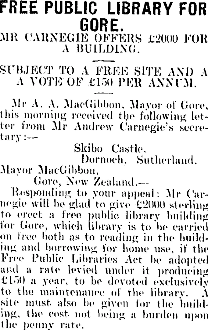 FREE PUBLIC LIBRARY FOR GORE. (Mataura Ensign 21-8-1907)