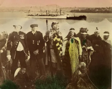 Hapi te Pataka and other dignitaries at the flagstaff ceremony, Northcote Point, 1908 Image: Hapi te Pataka and other dignitaries at the flagstaff ceremony, Northcote Point, 1908